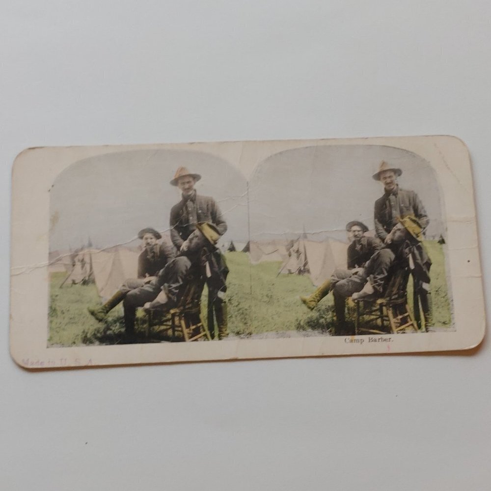 Antique Stereograph Card "Camp Barber" Troops Military World War